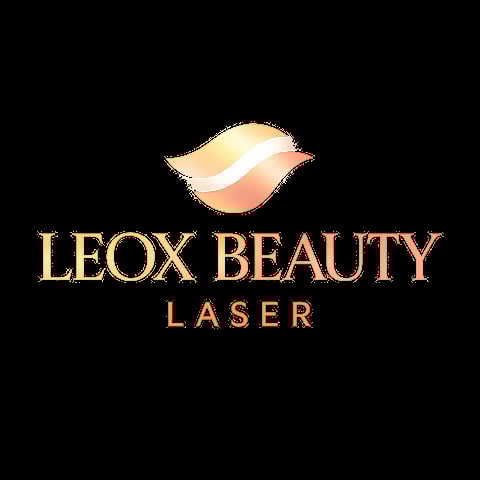 Leox Beauty Laser logo featuring a stylized wave design in gold and peachy tones on black background