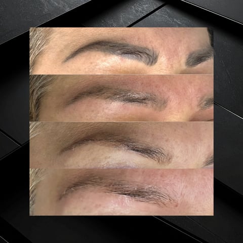 Before and after microblading eyebrow tattoo treatment showing progressive stages of eyebrow enhancement