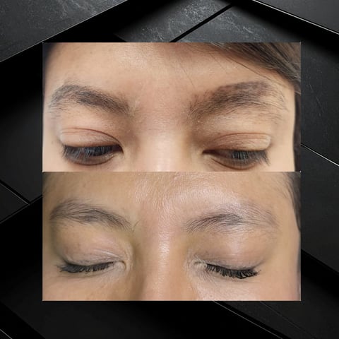 Before and after comparison of eyebrow microblading treatment showing enhanced brow definition