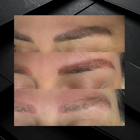 Before and after comparison of eyebrow microblading results showing three stages of brow enhancement treatment