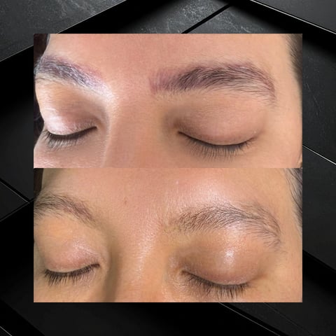 Before and after comparison of eyebrow microblading treatment showing fuller, defined brows with enhanced shape and color